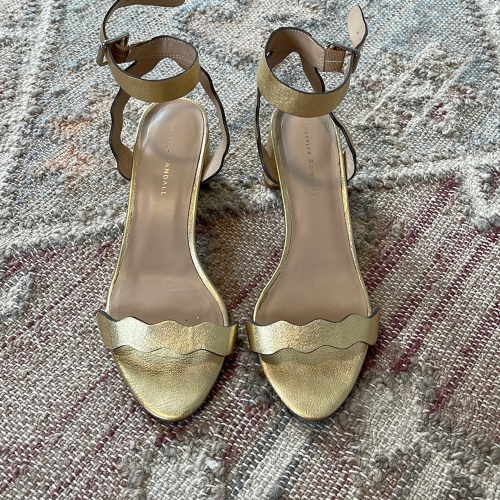 Loeffler Randall gold chunk heel sandal size 10